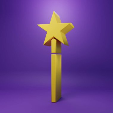 Sarı Sihirli çubuk simgesi mor arkaplanda izole edildi. Yıldız şeklinde sihirli aksesuar. Sihirli güç. Minimalizm kavramı. 3 Boyutlu resimleme.