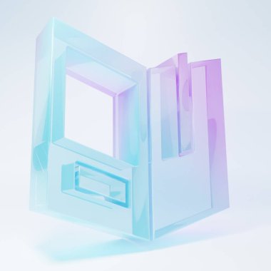 Beyaz arkaplanda izole edilmiş buzlu cam açık kitap simgesi. Minimalizm kavramı. 3 Boyutlu resimleme.