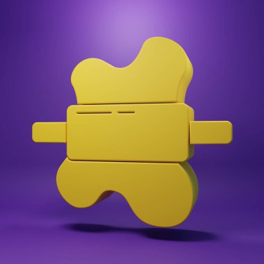 Mor arka planda izole edilmiş hamur ikonu üzerindeki sarı raptiye. Minimalizm kavramı. 3 Boyutlu resimleme.