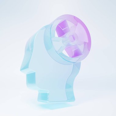 Frosted glass Silhouette of a human head and a radiation symbol icon isolated on white background. Minimalism concept. 3D render illustration.