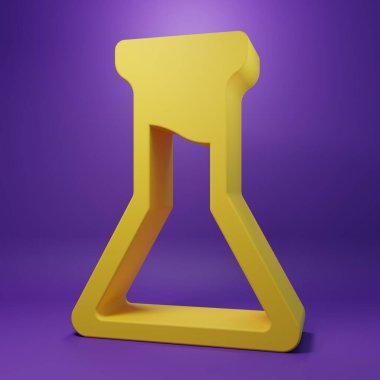 Sarı test tüpü ve mor arkaplanda izole edilmiş matara simgesi. Kimyasal laboratuvar testi. Laboratuvar camları. Minimalizm kavramı. 3 Boyutlu resimleme.