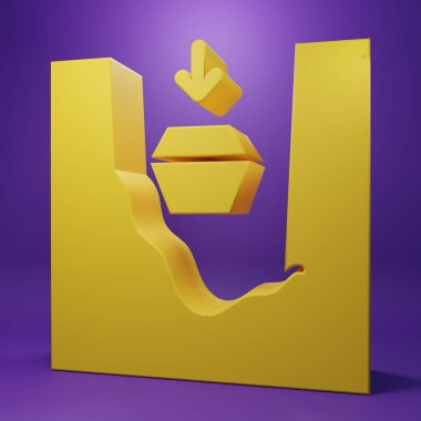 Sarı Tabut, mor arka planda izole edilmiş bir mezar ikonu. Cenaze töreni. Minimalizm kavramı. 3 Boyutlu resimleme.