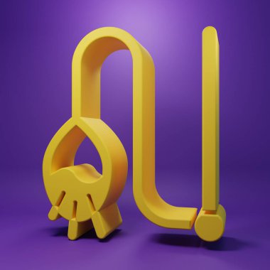 Sarı evcil kedi oyuncak ikonu, mor arka planda izole edilmiş. Minimalizm kavramı. 3 Boyutlu resimleme .