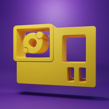 Sarı Eylem ekstrem kamera simgesi mor arkaplanda izole edildi. Ekstrem sporları çekmek için video kamera ekipmanı. Minimalizm kavramı. 3 Boyutlu resimleme .