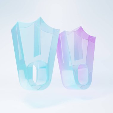 Beyaz arka planda izole edilmiş yüzme ikonu için buzlu cam plastik yüzgeçler. Dalış ekipmanları. Olağanüstü bir spor. Su altı ekipmanları. Minimalizm kavramı. 3 Boyutlu resimleme .