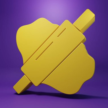 Mor arka planda izole edilmiş hamur ikonu üzerindeki sarı raptiye. Minimalizm kavramı. 3 Boyutlu resimleme .