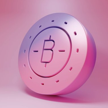 Pembe arka planda izole edilmiş mor-pembe kripto sikke Bitcoin simgesi. Madeni para. Engelleme zinciri tabanlı şifreli para birimi. Minimalizm kavramı. 3 Boyutlu resimleme .