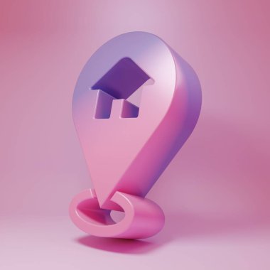 Pembe arka planda ev simgesi olan mor-pembe harita işaretçisi. Ev konumu belirleyici sembol. Minimalizm kavramı. 3 Boyutlu resimleme .