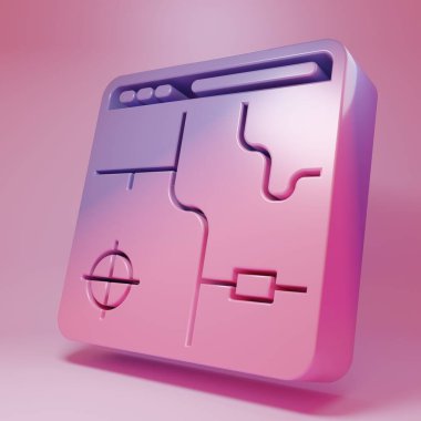 Pembe arka planda izole edilmiş şehir haritası yön bulma simgesinin mor-pembe bilgileri. Mobil Uygulama Arayüzü tasarımı. Coğrafi konsept. Minimalizm kavramı. 3 Boyutlu resimleme .