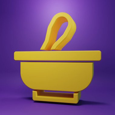 Sarı havan ve tokmak simgesi mor arkaplanda izole edilmiş. Minimalizm kavramı. 3 Boyutlu resimleme .