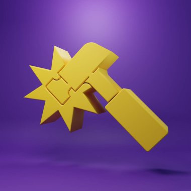 Sarı Çekiç simgesi mor arkaplanda izole edildi. Tamir için bir araç. Minimalizm kavramı. 3 Boyutlu resimleme .