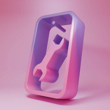 Pembe arka planda İngiliz anahtarı simgesi olan mor renkli cep telefonu. Ayarlama, servis, ayar, bakım, onarım. Minimalizm kavramı. 3 Boyutlu resimleme .