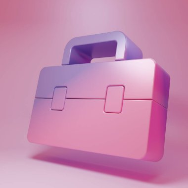 Pembe arka planda izole edilmiş mor renkli araç kutusu simgesi. Alet kutusu tabelası. Minimalizm kavramı. 3 Boyutlu resimleme .