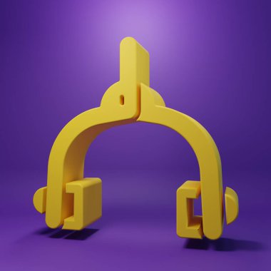 Sarı bisiklet freni kalibreleri çift pivot simgesi mor arkaplanda izole edildi. Bisiklet fren teli. Minimalizm kavramı. 3 Boyutlu resimleme .