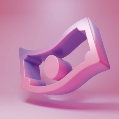 Purple-pink Stacks paper money cash icon isolated on pink background. Money banknotes stacks. Bill currency. Minimalism concept. 3D render illustration .