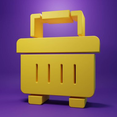 Sarı Araç Kutusu simgesi mor arkaplanda izole edildi. Alet kutusu tabelası. Minimalizm kavramı. 3 Boyutlu resimleme .