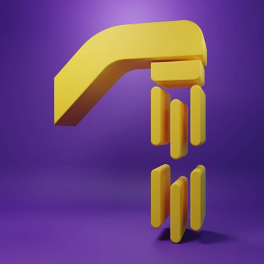 Sarı duş başlığında mor zemin üzerinde su damlaları akan ikon izole edilmiş. Minimalizm kavramı. 3 Boyutlu resimleme .