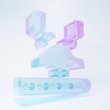 Buzlu cam endüstriyel robot kol kolu araba fabrikası ikonu beyaz arka planda izole. Endüstriyel otomobil üretimi. Minimalizm kavramı. 3 Boyutlu resimleme .