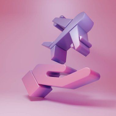 Pembe arka planda izole edilmiş mor renkli el simgesi. Uçan uçak. Uçak sigortası. Güvenlik, güvenlik, koruma, konsept koruma. Minimalizm kavramı. 3 Boyutlu resimleme .