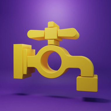 Sarı musluk ikonu mor arkaplanda izole edilmiş. Minimalizm kavramı. 3 Boyutlu resimleme .