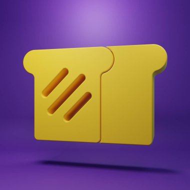 Mor arka planda izole edilmiş kızarmış kızarmış ekmek ikonu için sarı ekmek tostu. Öğle yemeği, akşam yemeği, kahvaltı atıştırmalığı. Minimalizm kavramı. 3 Boyutlu resimleme .