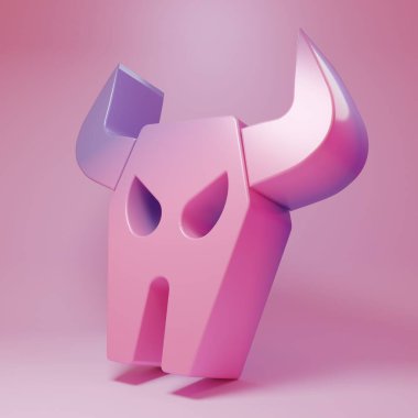 Pembe arka planda izole edilmiş mor bufalo kafatası ikonu. Minimalizm kavramı. 3 Boyutlu resimleme .