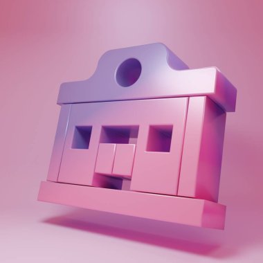 Pembe arka planda izole edilmiş mor-pembe Vahşi Batı salonu ikonu. Eski batı binası. Minimalizm kavramı. 3 Boyutlu resimleme .