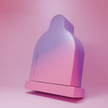 Pembe arka planda izole edilmiş mor-pembe prezervatif ikonu. Güvenli aşk sembolü. Erkekler için doğum kontrol yöntemi. Minimalizm kavramı. 3 Boyutlu resimleme .