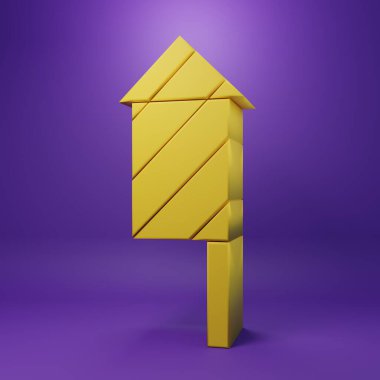 Sarı Havai fişek roket ikonu mor arkaplanda izole edildi. Eğlence partisi anlayışı. Patlayıcı havai fişek sembolü. Minimalizm kavramı. 3 Boyutlu resimleme .