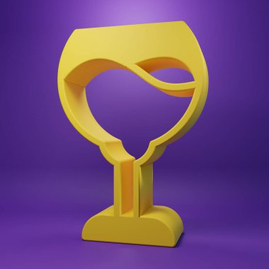 Mor arkaplanda izole edilmiş sarı şarap cam ikonu. Şarap kadehi işareti. Minimalizm kavramı. 3 Boyutlu resimleme .