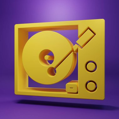 Mor arkaplanda izole edilmiş vinil disk simgesi olan sarı Vinil oynatıcı. Minimalizm kavramı. 3 Boyutlu resimleme .