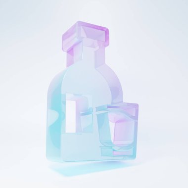 Beyaz arka planda izole edilmiş cam ikonlu buzlu votka şişesi. Minimalizm kavramı. 3 Boyutlu resimleme .