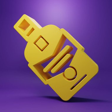 Sarı viski şişesi simgesi mor arka planda izole edilmiş. Minimalizm kavramı. 3 Boyutlu resimleme .