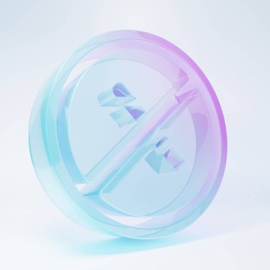 Buzlu cam. Beyaz arka planda sigara içme ikonu yok. Sigara sembolü. Minimalizm kavramı. 3 Boyutlu resimleme.