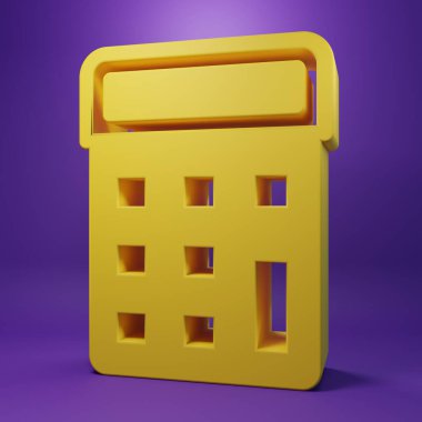 Sarı Hesap Makinesi simgesi mor arkaplanda izole edildi. Muhasebe sembolü. İş hesaplamaları matematik eğitimi ve finans. Minimalizm kavramı. 3 Boyutlu resimleme.