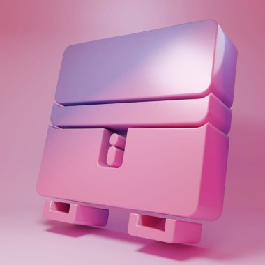 Pembe arka planda izole edilmiş mor-pembe mücevher kutusu simgesi. Mücevherli bir tabut. Minimalizm kavramı. 3 Boyutlu resimleme.