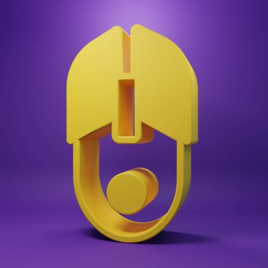 Sarı Bilgisayar fare simgesi mor arkaplanda izole edildi. Tekerlek sembollü optik. Minimalizm kavramı. 3 Boyutlu resimleme.