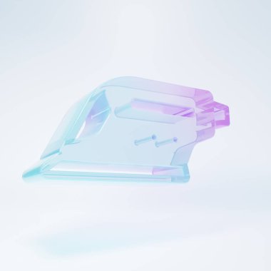 Beyaz zemin üzerinde izole edilmiş buzlu cam elektrikli demir ikonu. Buhar ütüsü. Minimalizm kavramı. 3 Boyutlu resimleme.