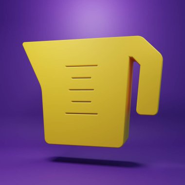 Mor zemin üzerinde izole edilmiş kuru ve sıvı yiyecek ikonunu ölçmek için sarı ölçü kabı. Plastik şişenin sapı var. Minimalizm kavramı. 3 Boyutlu resimleme.