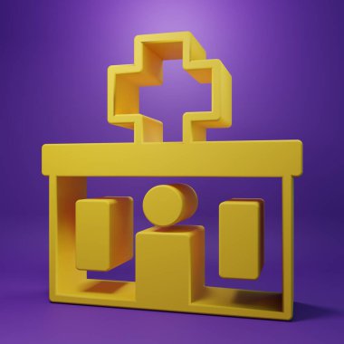 Mor arka planda çapraz ikonu olan Sarı Tıp Hastanesi binası. Tıp merkezi. Sağlık hizmetleri. Minimalizm kavramı. 3 Boyutlu resimleme.