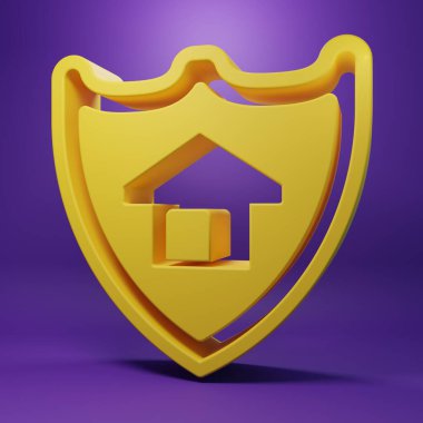 Sarı Ev, mor arka planda izole edilmiş bir kalkan simgesi. Sigorta konsepti. Güvenlik, güvenlik, koruma, konsept koruma. Minimalizm kavramı. 3 Boyutlu resimleme.