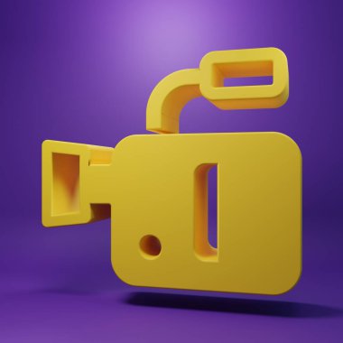 Mor arkaplanda izole edilmiş sarı sinema kamera ikonu. Video kamera. Film tabelası. Film projektörü. Minimalizm kavramı. 3 Boyutlu resimleme.