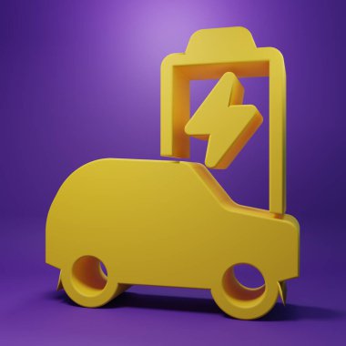 Sarı elektrikli araba ve elektrik kablosu şarj ikonu mor arka planda izole edilmiş. Yenilenebilir ekolojik teknolojiler. Minimalizm kavramı. 3 Boyutlu resimleme.