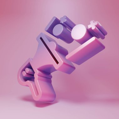 Purple-pink Female movement, feminist activist with banner and placards icon isolated on pink background. Feminist rights movement, feminism sisterhood. Minimalism concept. 3D render illustration.