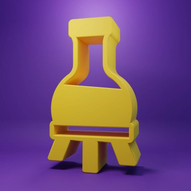Sarı test tüpü ve mor arka planda izole edilmiş kimyasal test ikonu. Laboratuvar cam levhası. Minimalizm kavramı. 3 Boyutlu resimleme.