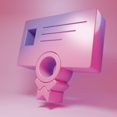 Pembe arka planda Mor Pembe Sertifika şablon ikonu izole edildi. Başarı, ödül, diploma, burs, diploma kavramları. İş başarısı sertifikası Minimalizm kavramı. 3 Boyutlu resimleme.