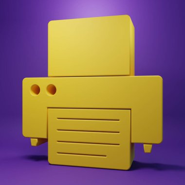 Sarı Yazıcı simgesi mor arkaplanda izole edildi. Minimalizm kavramı. 3 Boyutlu resimleme.