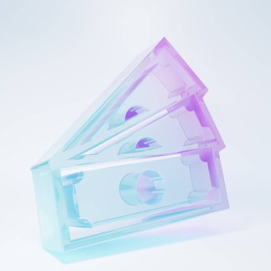 Frosted glass Stacks paper money cash icon isolated on white background. Money banknotes stacks. Bill currency. Minimalism concept. 3D render illustration.