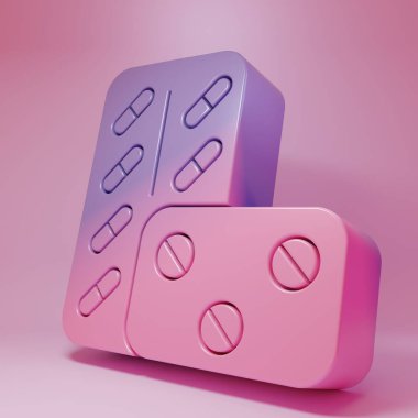 Pembe arka planda izole edilmiş mor-pembe haplar. İlaç paketi. Tablet, vitamin, antibiyotik, aspirin. Minimalizm kavramı. 3 Boyutlu resimleme.