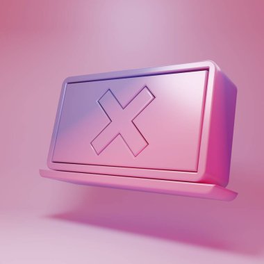 Mor pembe dizüstü bilgisayar ve ekran simgesinde pembe arka planda izole edilmiş çapraz iz. Hata penceresi, çıkış düğmesi, iptal, 404 hata sayfası konsept bulunamadı. Minimalizm kavramı. 3 Boyutlu resimleme.